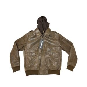 FLAVOR Men's Leather Flight Bomber Jacket Air Force F19 Size L Brown Hood New